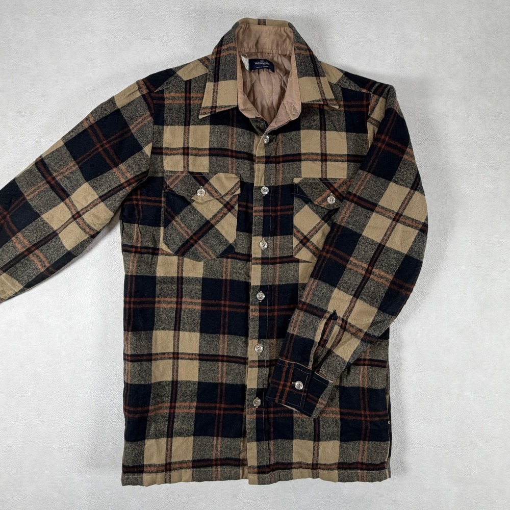 VTG 80s Wrangler Red Blue Plaid Flap Pocket Flannel Quilted Shirt Jacket Small
